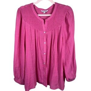 Nanette Lepore Pleated Blouse Womens XL Barbie Pink Long Sleeve Smocked V-neck